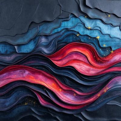 The primary subject of the image is a painting of a red and blue wave. The setting is a black background, and the visual style appears to be a digital art or illustration. The dominant colors in the painting are red and blue, creating a vibrant and energetic atmosphere.